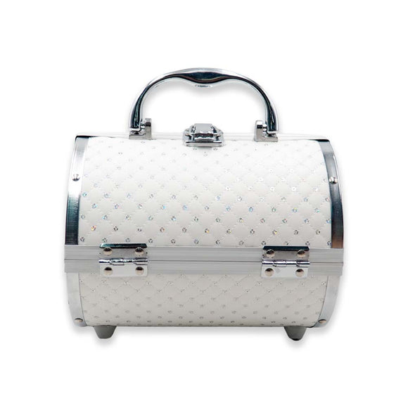 CX8410 WHITE VINTAGE ROUND MAKEUP TRAIN CASE
