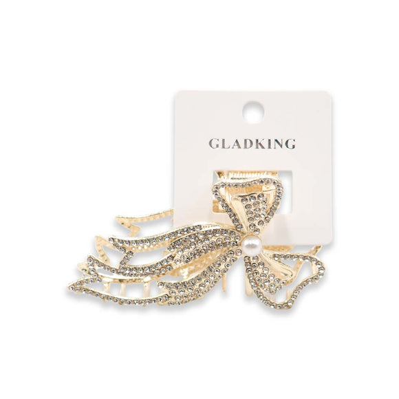 METAL LONG RIBBON TAIL HAIR CLAW W/ PEARL
