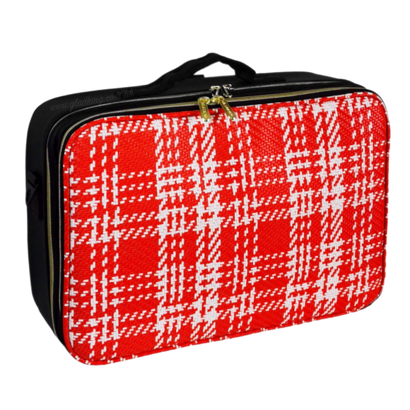 2 Zipper Large Red Woven Leather Makeup Organizer