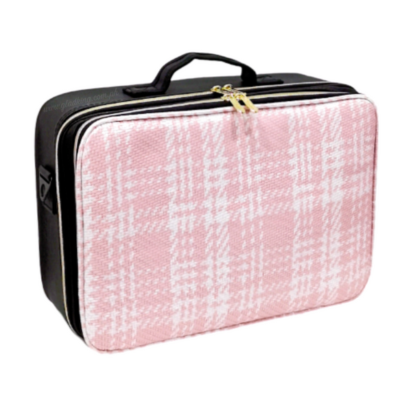 2 Zipper Large Pink Woven Leather Makeup Organizer