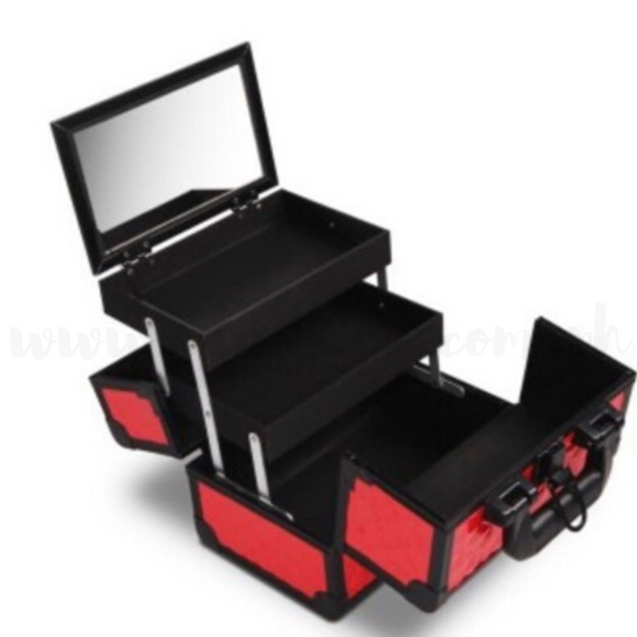 Portable Makeup Box with Mirror & Vertical Layers Diamond Red